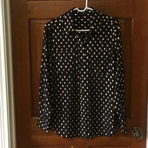 Blouse, black with shiny gold and white circles
